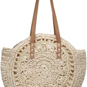 Product image Round Straw Beach Tote Bag, Crochet Summer Handbag with Leather Handles, 16.9 x 16.5 inches