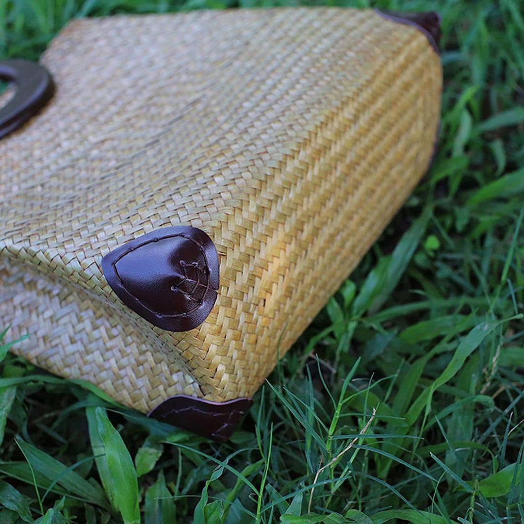 QZUnique Hand-woven Straw Bag Women Summer Beach Handbag Purse Retro Rattan Tote Clutch Travel Bag with Wood Round Top Handle - Image 5