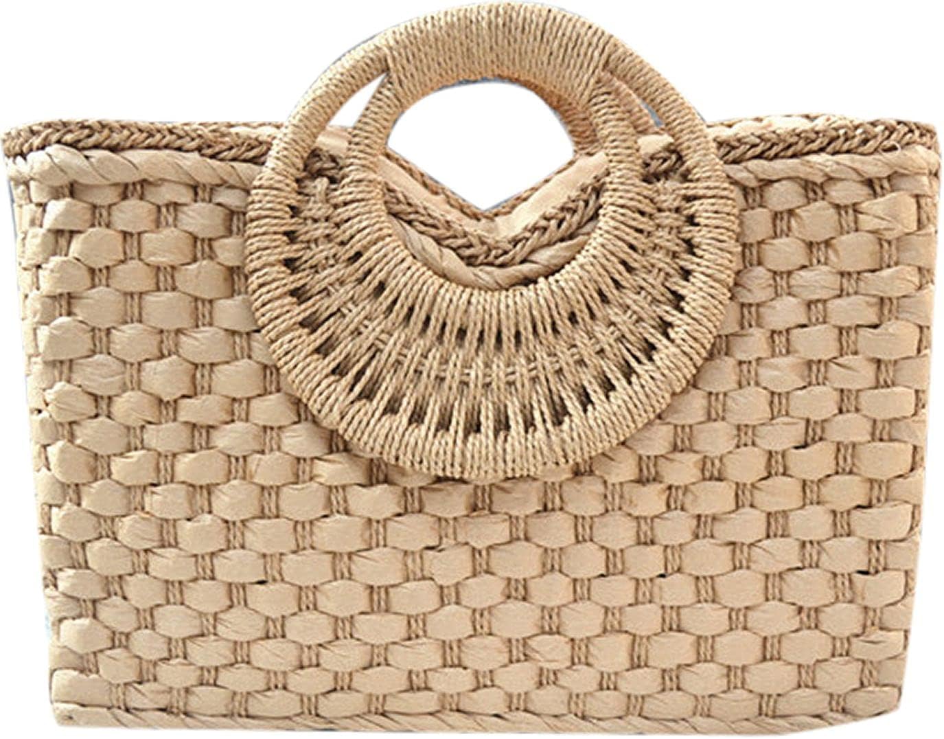 QZUnique Hand-woven Straw Bag Women Summer Beach Handbag Purse Retro Rattan Tote Clutch Travel Bag with Wood Round Top Handle - Image 12