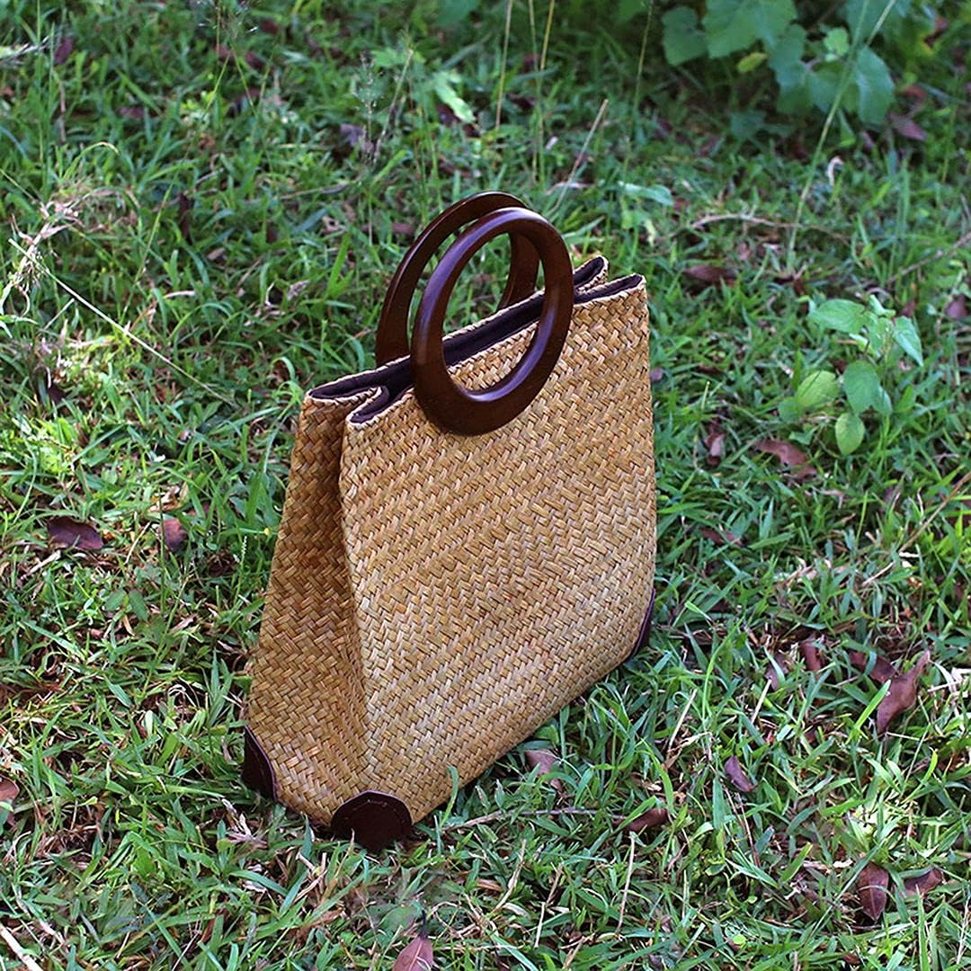 QZUnique Hand-woven Straw Bag Women Summer Beach Handbag Purse Retro Rattan Tote Clutch Travel Bag with Wood Round Top Handle - Image 6