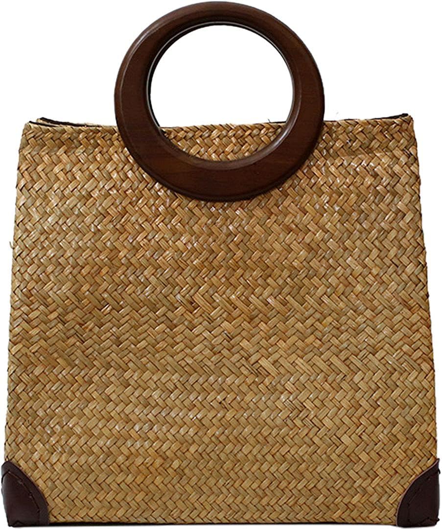 QZUnique Hand-woven Straw Bag Women Summer Beach Handbag Purse Retro Rattan Tote Clutch Travel Bag with Wood Round Top Handle