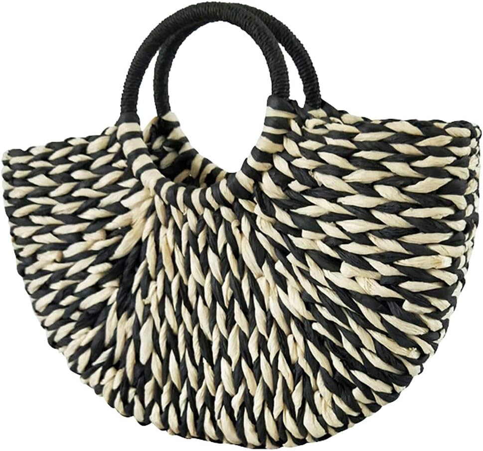 QZUnique Hand-woven Straw Bag Women Summer Beach Handbag Purse Retro Rattan Tote Clutch Travel Bag with Wood Round Top Handle - Image 14