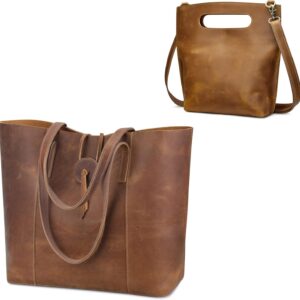 S-ZONE Vintage Genuine Leather Tote Bag for Women Large Shoulder Purse Handbag with Clutch Bag