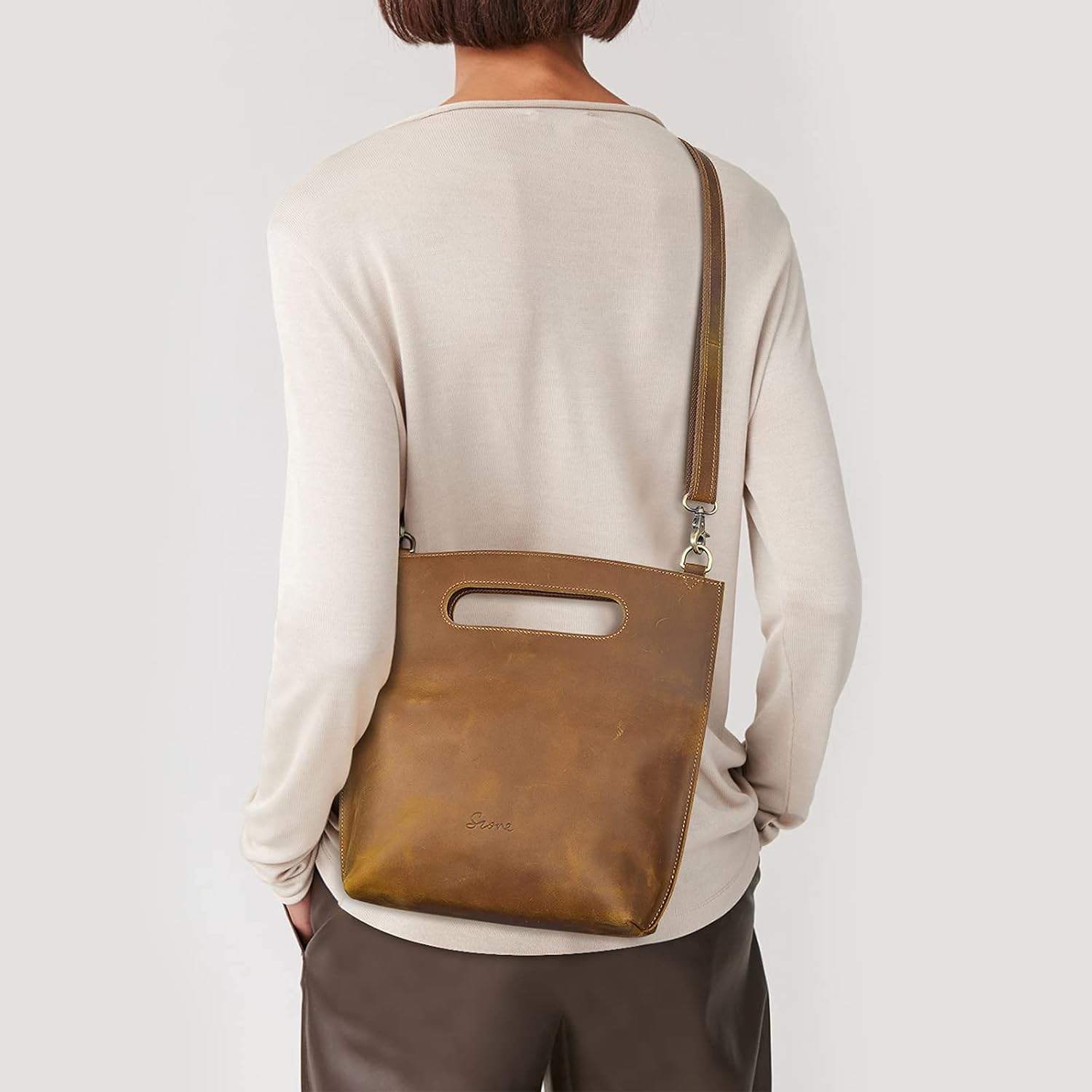 S-ZONE Vintage Genuine Leather Tote Bag for Women Large Shoulder Purse Handbag with Clutch Bag - Image 5