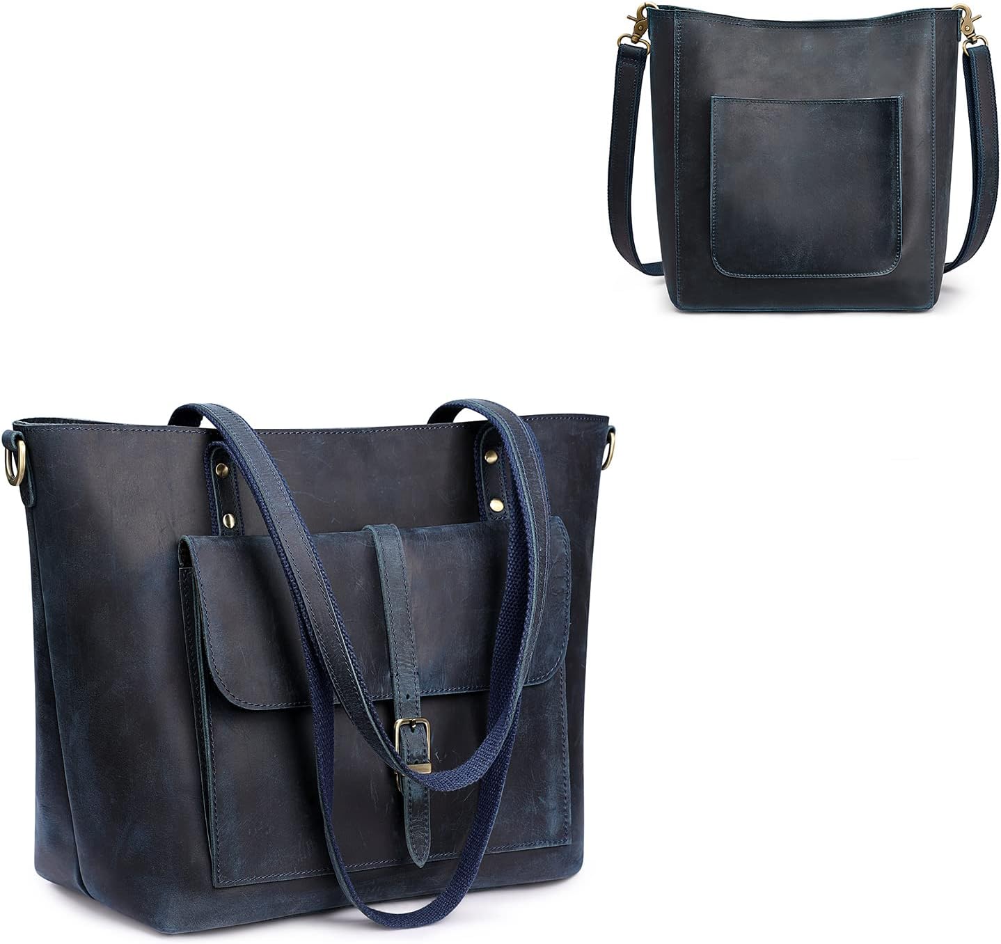 S-ZONE Women Genuine Leather Tote Bag Shoulder Handbag Bundle with Bucket Crossbody Purse