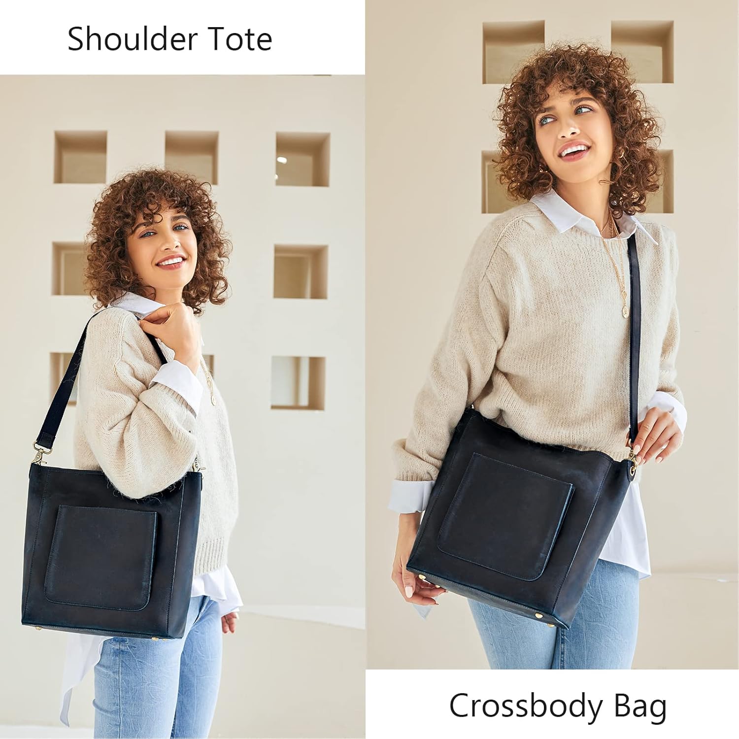 S-ZONE Women Genuine Leather Tote Bag Shoulder Handbag Bundle with Bucket Crossbody Purse - Image 2