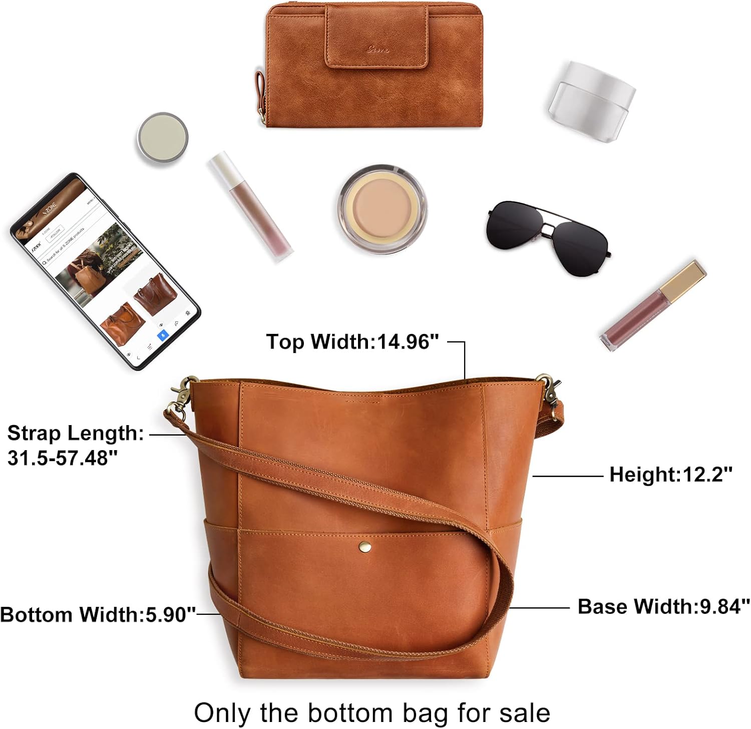 S-ZONE Women Genuine Leather Tote Bag Shoulder Handbag Bundle with Crossbody Bucket Purse - Image 5