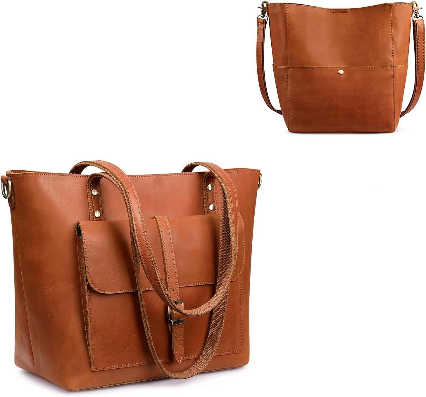 S-ZONE Women Genuine Leather Tote Bag Shoulder Handbag Bundle with Crossbody Bucket Purse