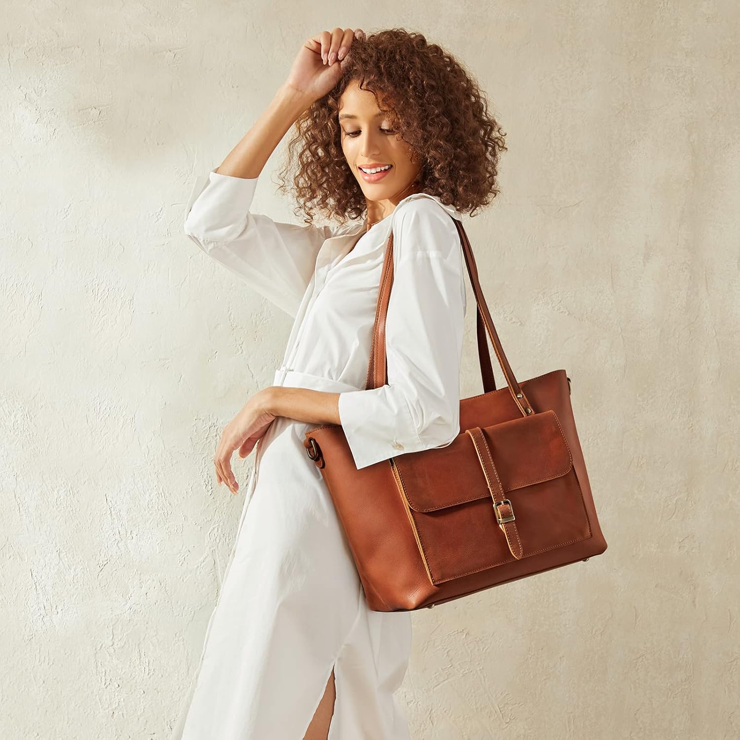 S-ZONE Women Genuine Leather Tote Bag Shoulder Handbag Bundle with Crossbody Bucket Purse - Image 6