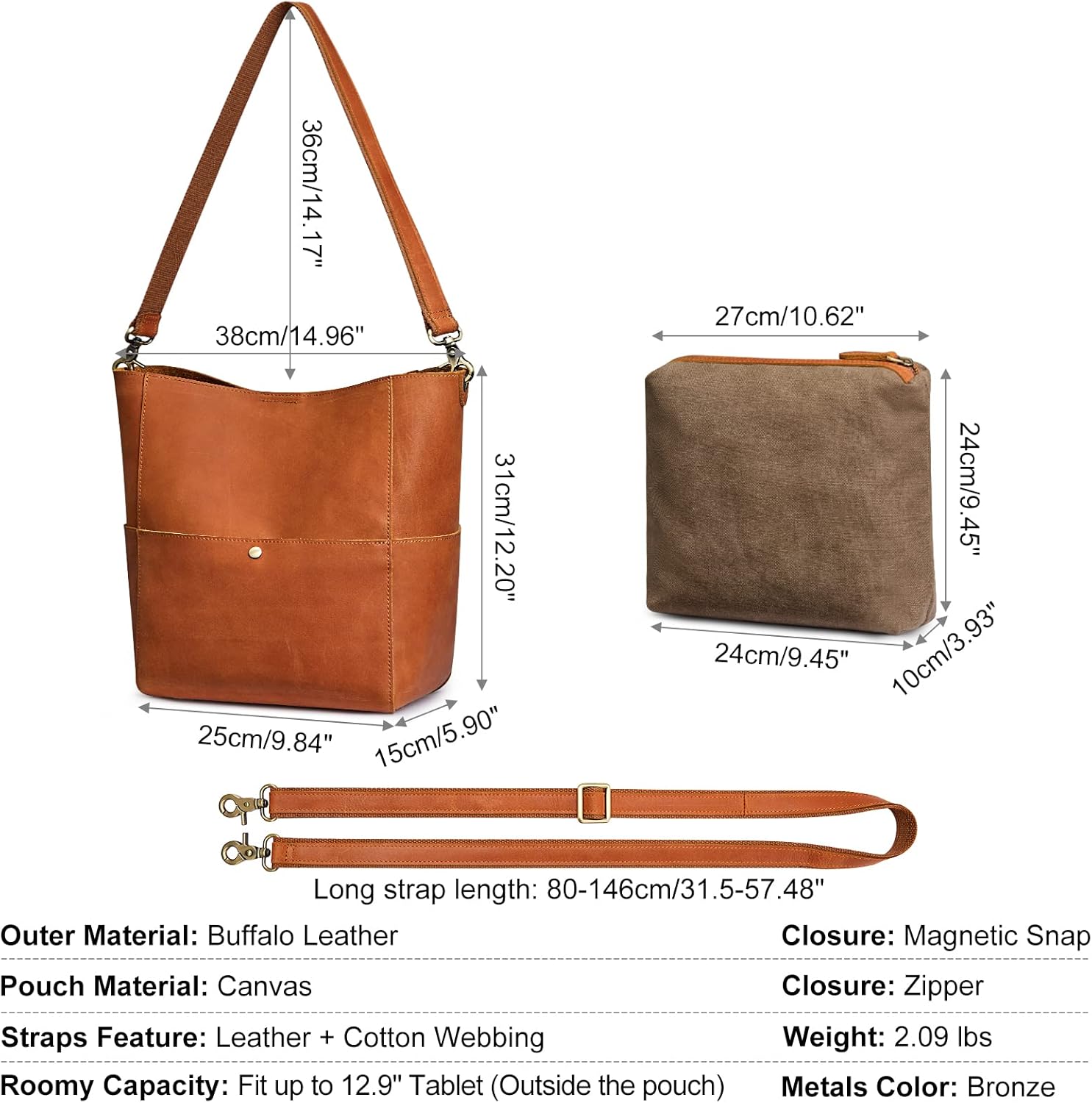 S-ZONE Women Genuine Leather Tote Bag Shoulder Handbag Bundle with Crossbody Bucket Purse - Image 4