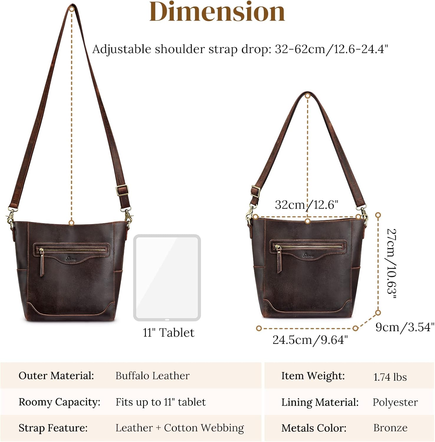 S-ZONE Women Leather Tote Bag Shoulder Handbag Bundle with Crossbody Bucket Purse - Image 3