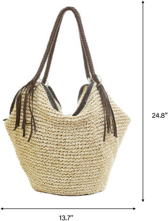 Soft Large Straw Shoulder Bag with Brown Charm Leather Tassels, Boho Leather Handle Tote Retro Summer Beach Bag Rattan Handbag (Beige) - Image 2