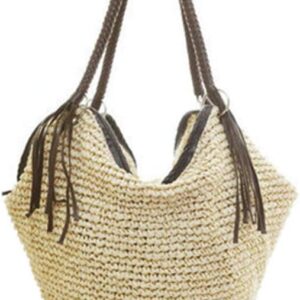 Soft Large Straw Shoulder Bag with Brown Charm Leather Tassels, Boho Leather Handle Tote Retro Summer Beach Bag Rattan Handbag (Beige)