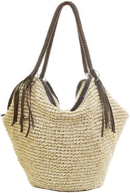 Soft Large Straw Shoulder Bag with Brown Charm Leather Tassels, Boho Leather Handle Tote Retro Summer Beach Bag Rattan Handbag (Beige)