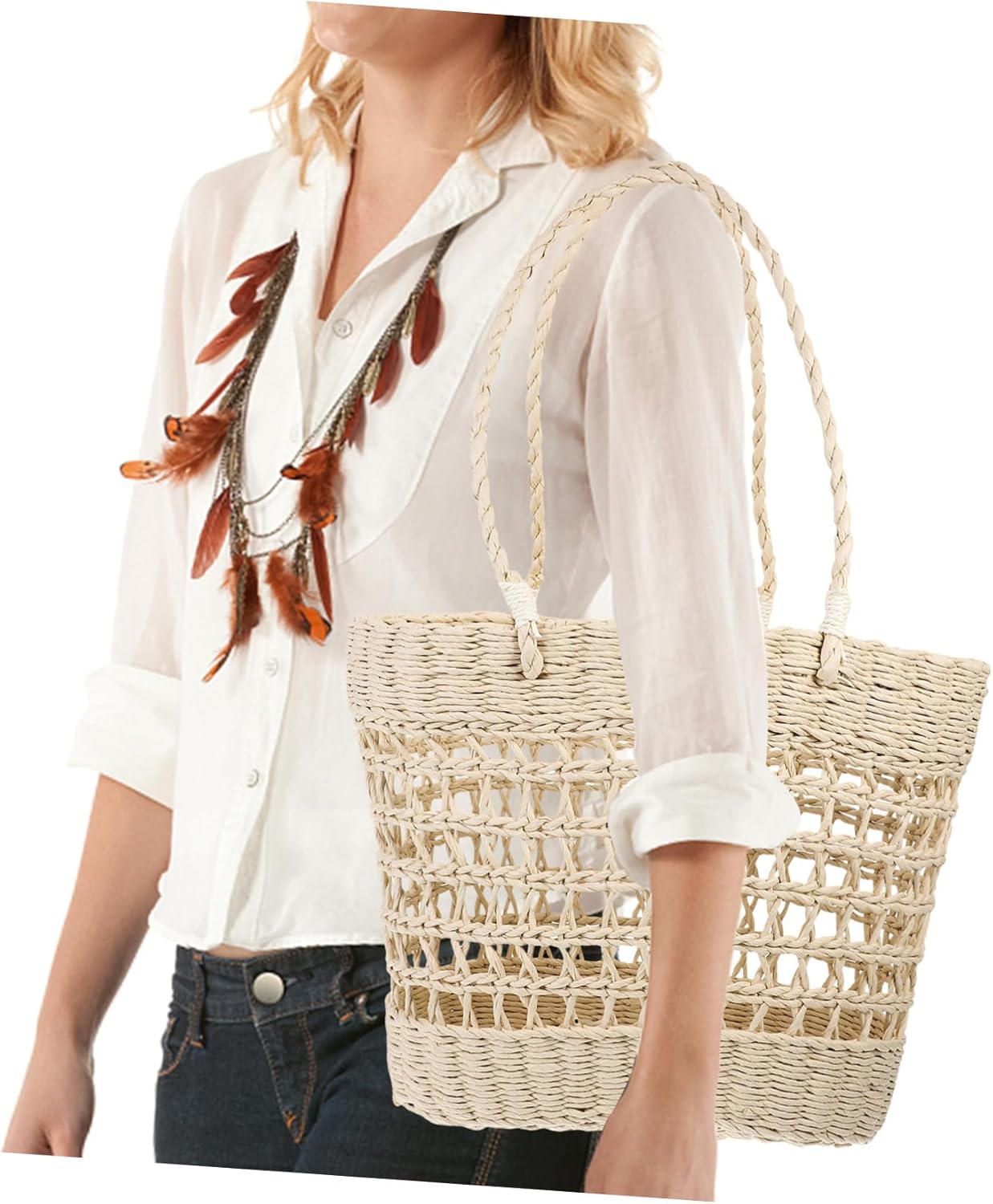 SOLUSTRE Hollow Woven Beach Handbag for Women Aesthetic Straw Tote Bag for Summer Seaside Casual Outings and Daily Use Lightweight and Versatile Storage - Image 4