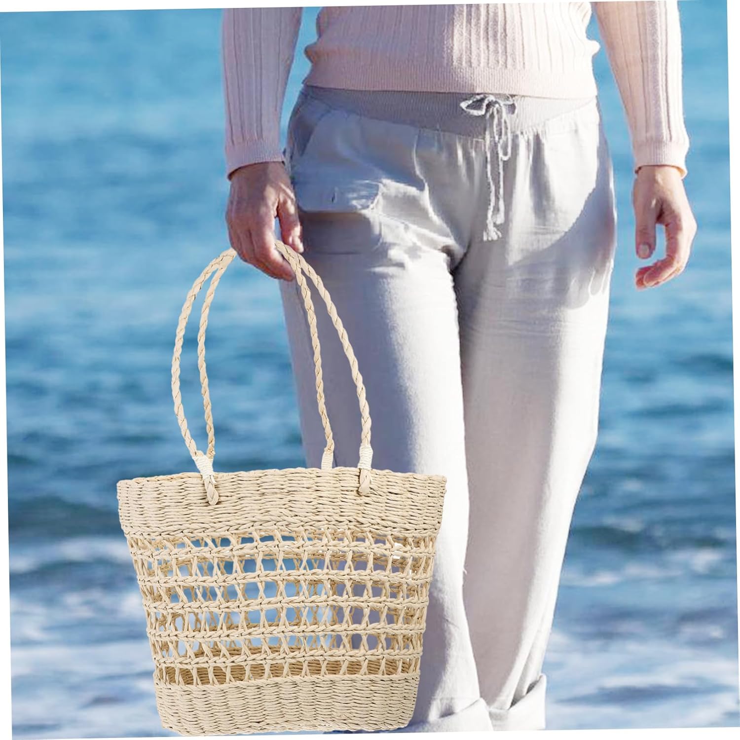 SOLUSTRE Hollow Woven Beach Handbag for Women Aesthetic Straw Tote Bag for Summer Seaside Casual Outings and Daily Use Lightweight and Versatile Storage - Image 3