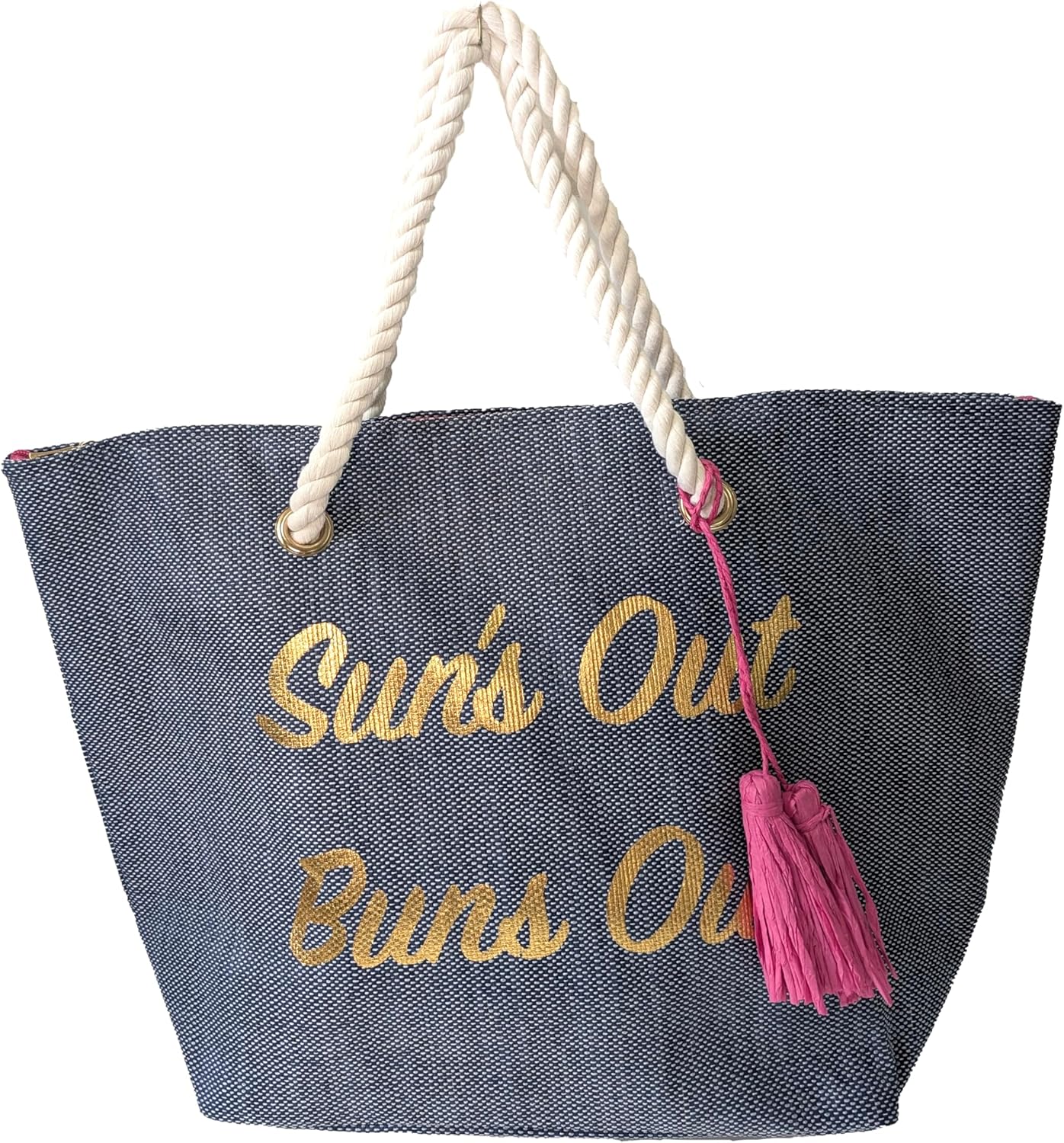 Spacious Navy Canvas Beach Tote Bag with Rope Handles & Metallic Text - Summer Travel Pool Bag, Large Capacity