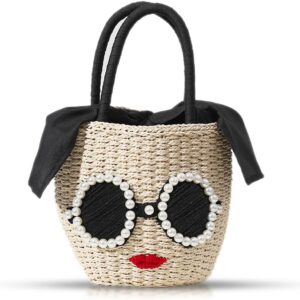 Straw Bag, Beach Bag for Woman, Bohemian Hand-Woven Handbags, Cute Sunglasses Red Lip Basket bag, Straw Tote Bag Suitable for Picnic, Travel, Daily Matching