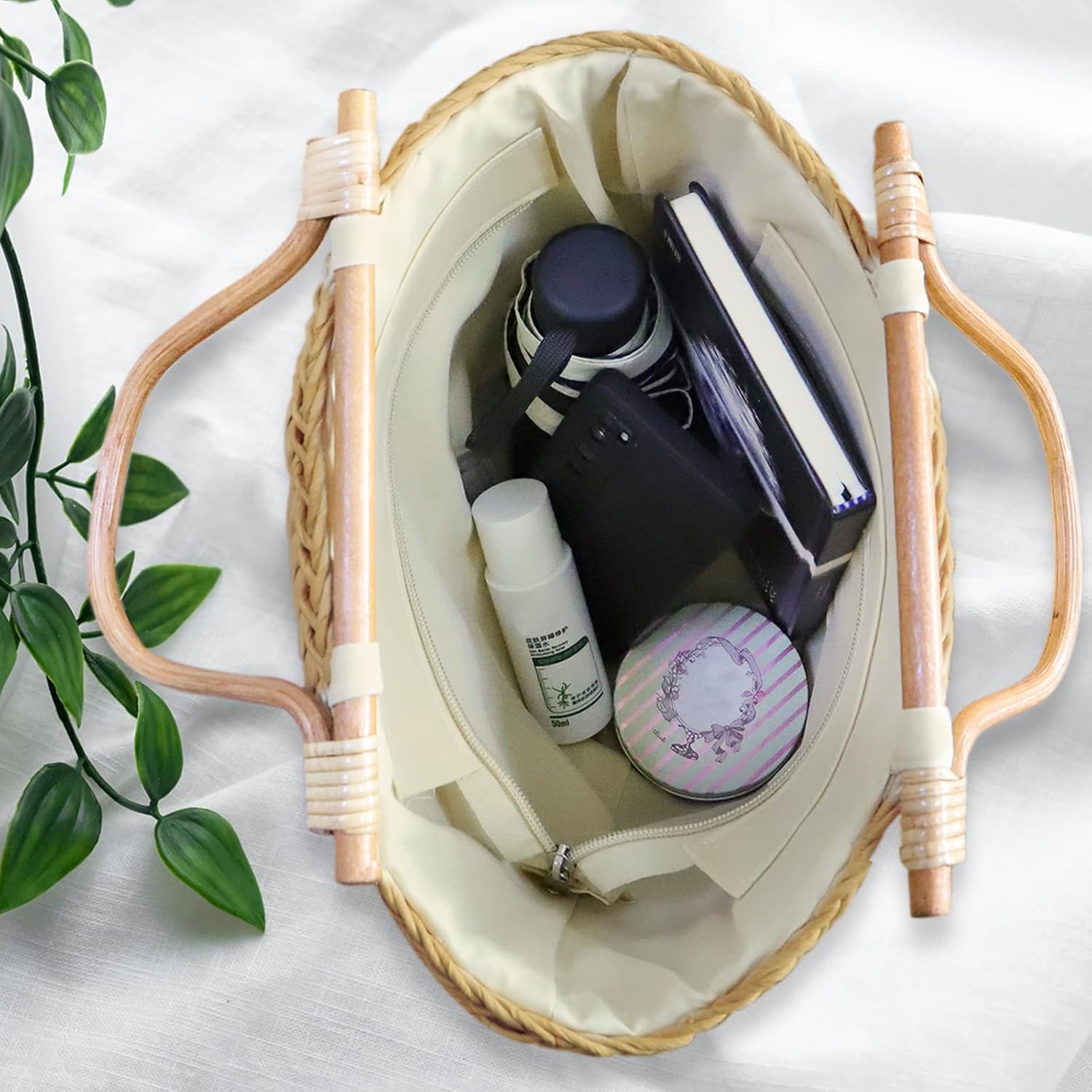 Straw Bag, Beach Bag for Women, Handwoven Handbag Vintage Cherry Pattern Embroidery Creative Wooden Handle, Large Rattan Tote Bag Suitable for Vacation Seaside Travel - Image 4