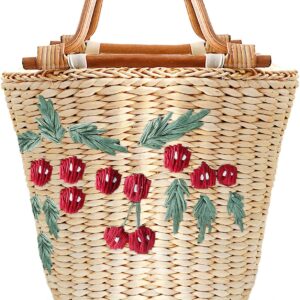 Straw Bag, Beach Bag for Women, Handwoven Handbag Vintage Cherry Pattern Embroidery Creative Wooden Handle, Large Rattan Tote Bag Suitable for Vacation Seaside Travel
