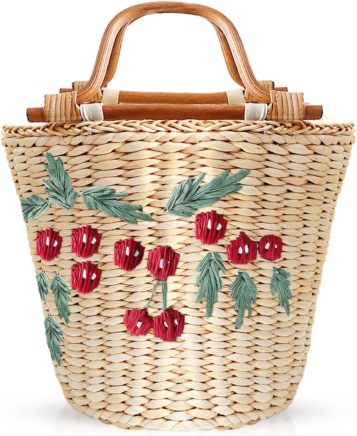 Straw Bag, Beach Bag for Women, Handwoven Handbag Vintage Cherry Pattern Embroidery Creative Wooden Handle, Large Rattan Tote Bag Suitable for Vacation Seaside Travel