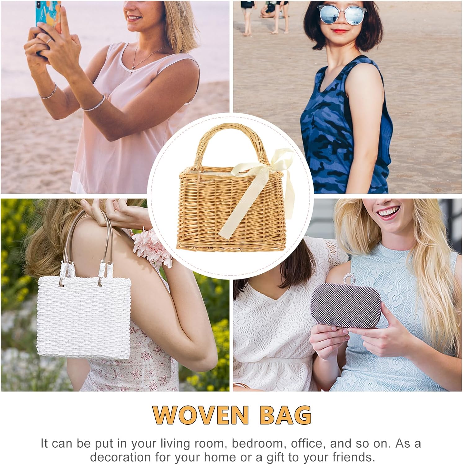 Straw Beach Bags Wicker Handbag Beach Rattan Woven Tote Handbags Top-handle Bags with Bow for Women Summer - Image 9