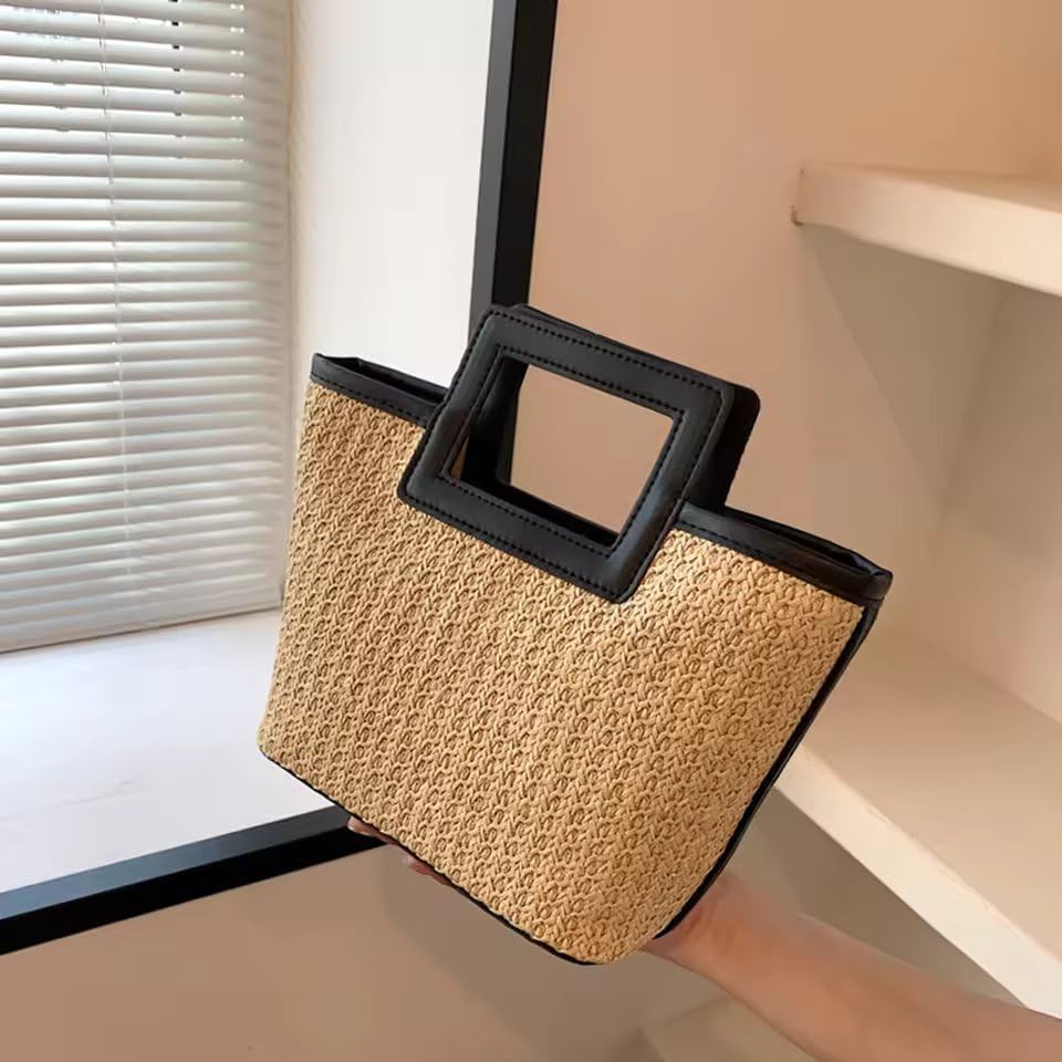 Straw Beach Tote Bag with Square Handle, Natural Woven with Black Trim, Summer Handbag - Image 3