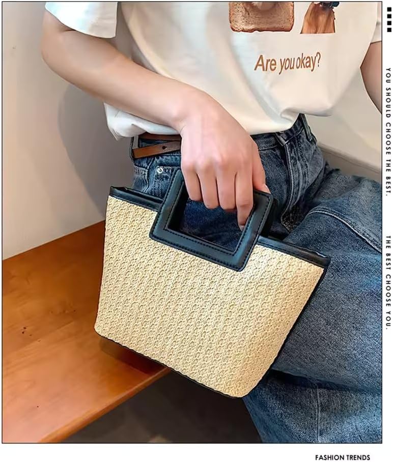 Straw Beach Tote Bag with Square Handle, Natural Woven with Black Trim, Summer Handbag - Image 4