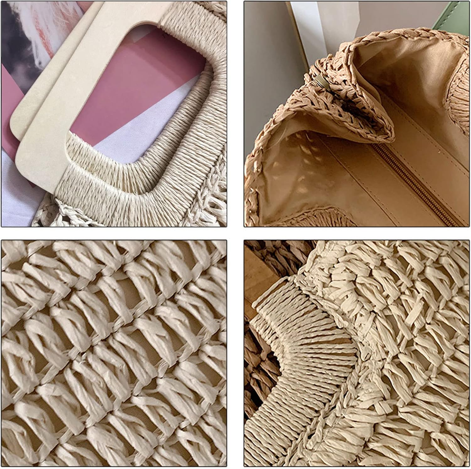 Straw Tote Bag with Wooden Handle Women Hobo Woven Handbag Summer Beach Travel (Beige) - Image 8