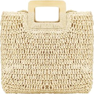 Straw Tote Bag with Wooden Handle Women Hobo Woven Handbag Summer Beach Travel (Beige)