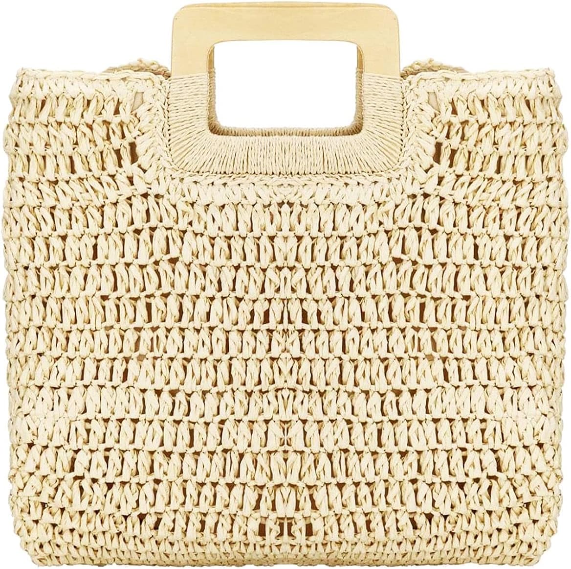 Straw Tote Bag with Wooden Handle Women Hobo Woven Handbag Summer Beach Travel (Beige)