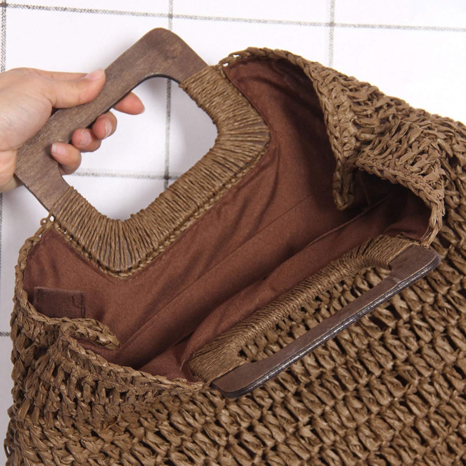 Straw Tote Bag with Wooden Handle Women Hobo Woven Handbag Summer Beach Travel (Beige) - Image 6