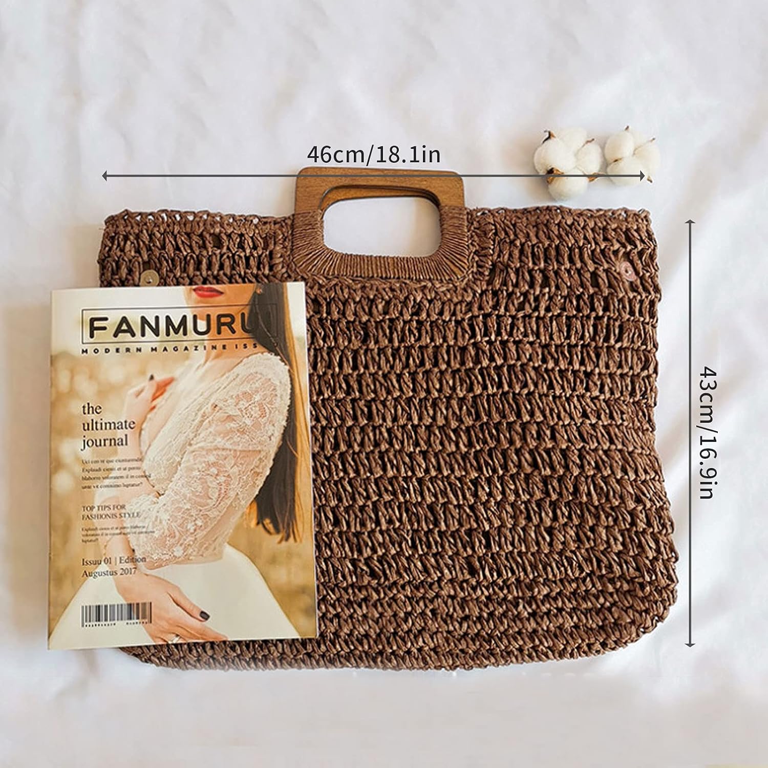 Straw Tote Bag with Wooden Handle Women Hobo Woven Handbag Summer Beach Travel (Beige) - Image 2