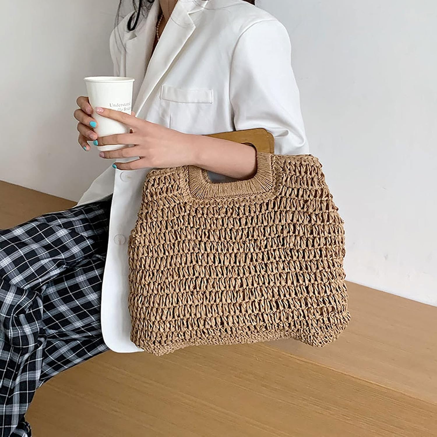 Straw Tote Bag with Wooden Handle Women Hobo Woven Handbag Summer Beach Travel (Beige) - Image 3