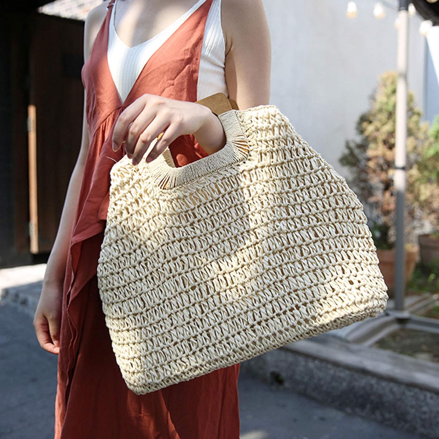 Straw Tote Bag with Wooden Handle Women Hobo Woven Handbag Summer Beach Travel (Beige) - Image 5