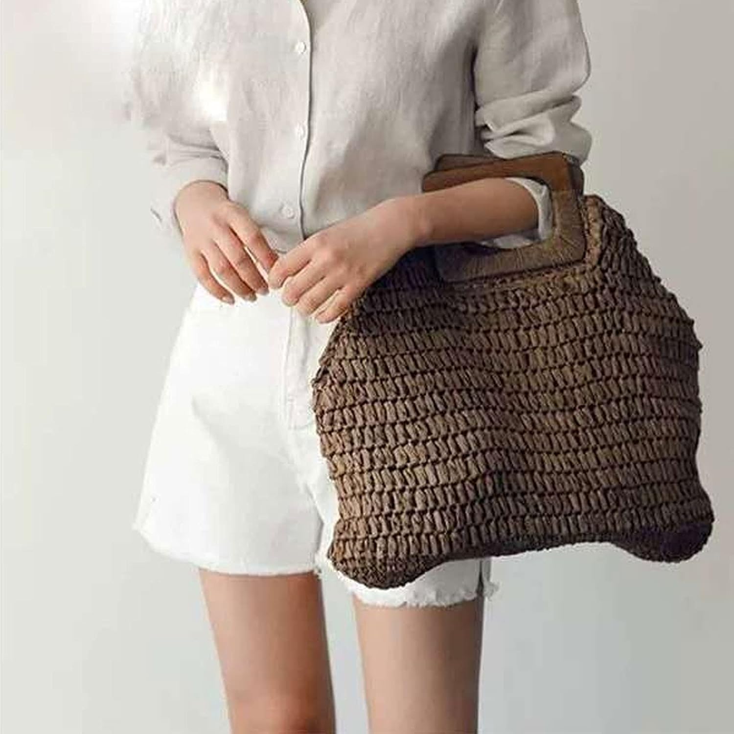 Straw Tote Bag with Wooden Handle Women Hobo Woven Handbag Summer Beach Travel (Beige) - Image 4