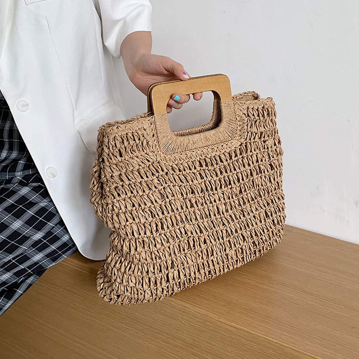 Straw Tote Bag with Wooden Handle Women Hobo Woven Handbag Summer Beach Travel (Beige) - Image 7