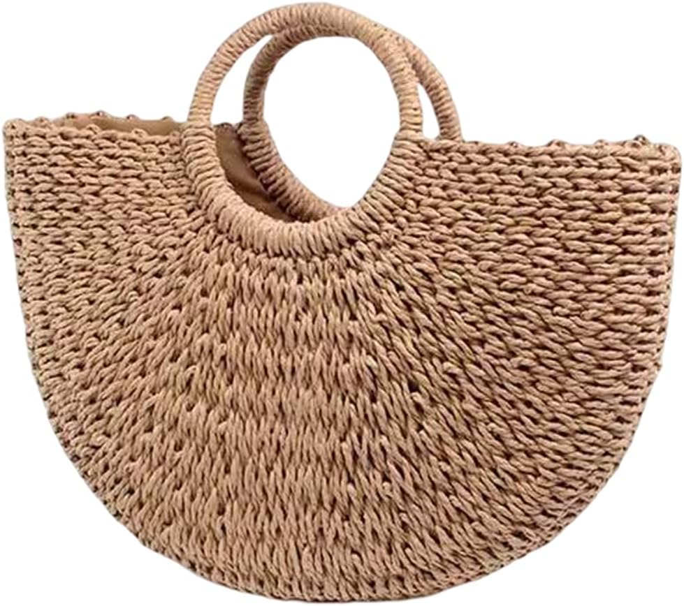 Summer Beach Rattan bag,Hand-woven Straw Large Bag Round Handle Ring Tote Retro Straw Bags for Women