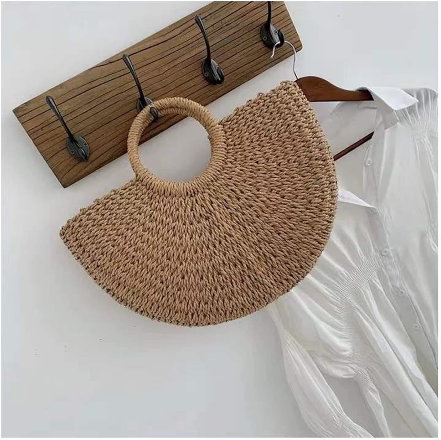 Summer Beach Rattan bag,Hand-woven Straw Large Bag Round Handle Ring Tote Retro Straw Bags for Women - Image 5