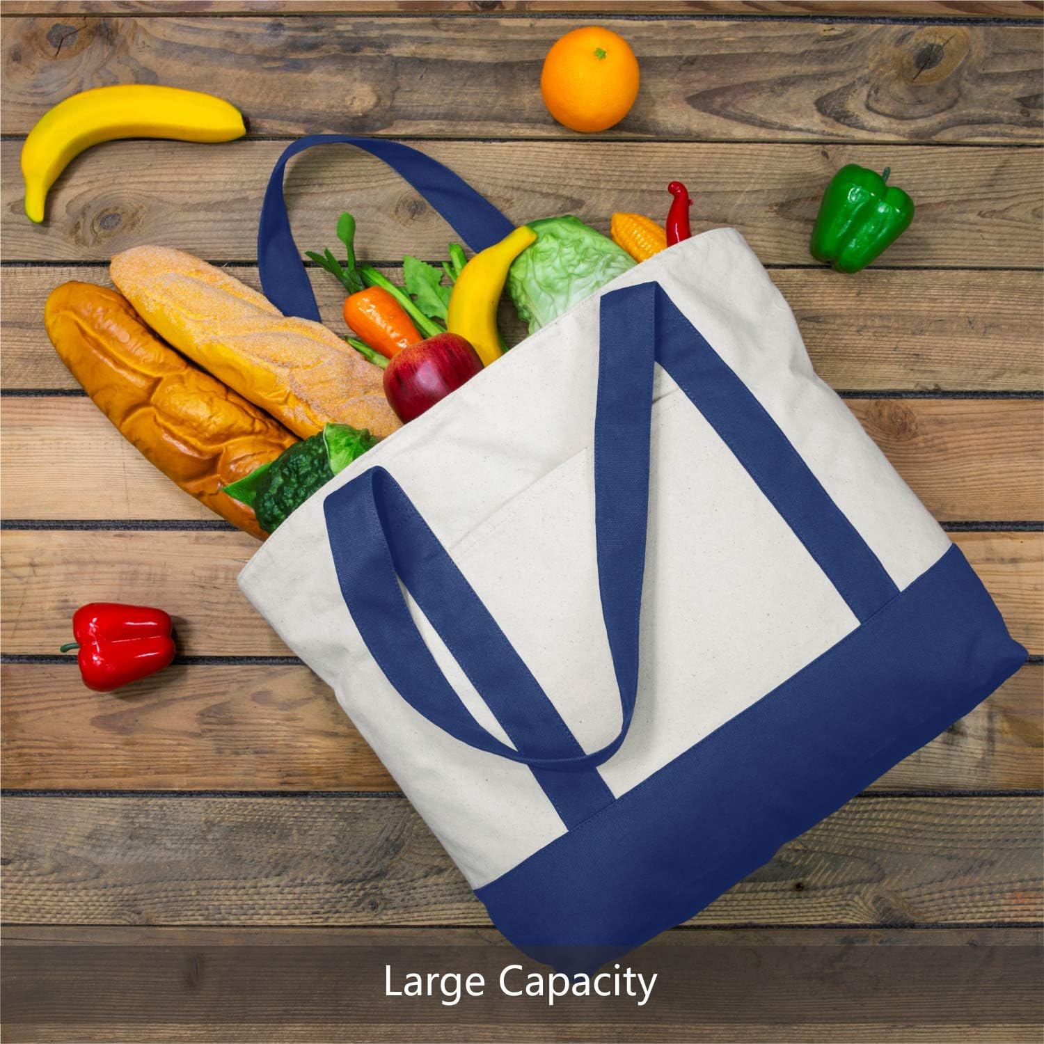 TOPDesign Canvas Tote Bag Blue\/Natural i##e##s: 1-Pack ^^ with an External Pocket ^^ Reusable Grocery Shopping Bag ^^ Top Zipper Closure ^^ Daily Essentials :i##e##s - Image 5