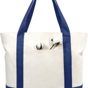 TOPDesign Canvas Tote Bag Blue\/Natural i##e##s: 1-Pack ^^ with an External Pocket ^^ Reusable Grocery Shopping Bag ^^ Top Zipper Closure ^^ Daily Essentials :i##e##s