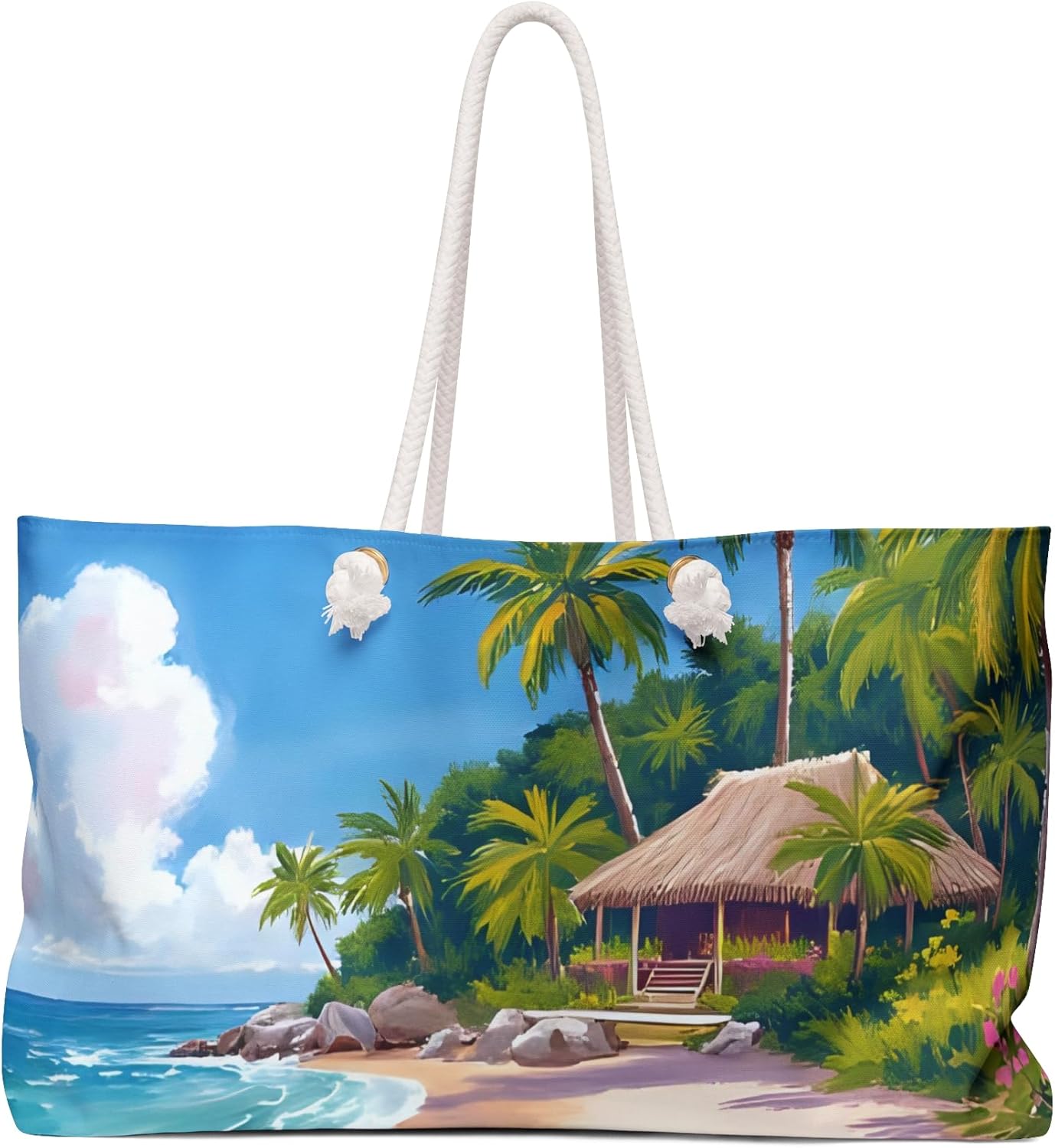 Tropical Bungalow Oil Painting Print Oversized Shopping Bag Summer Beach Bag Vacation Travel Tote Reusable Bag Pool Bag Gift