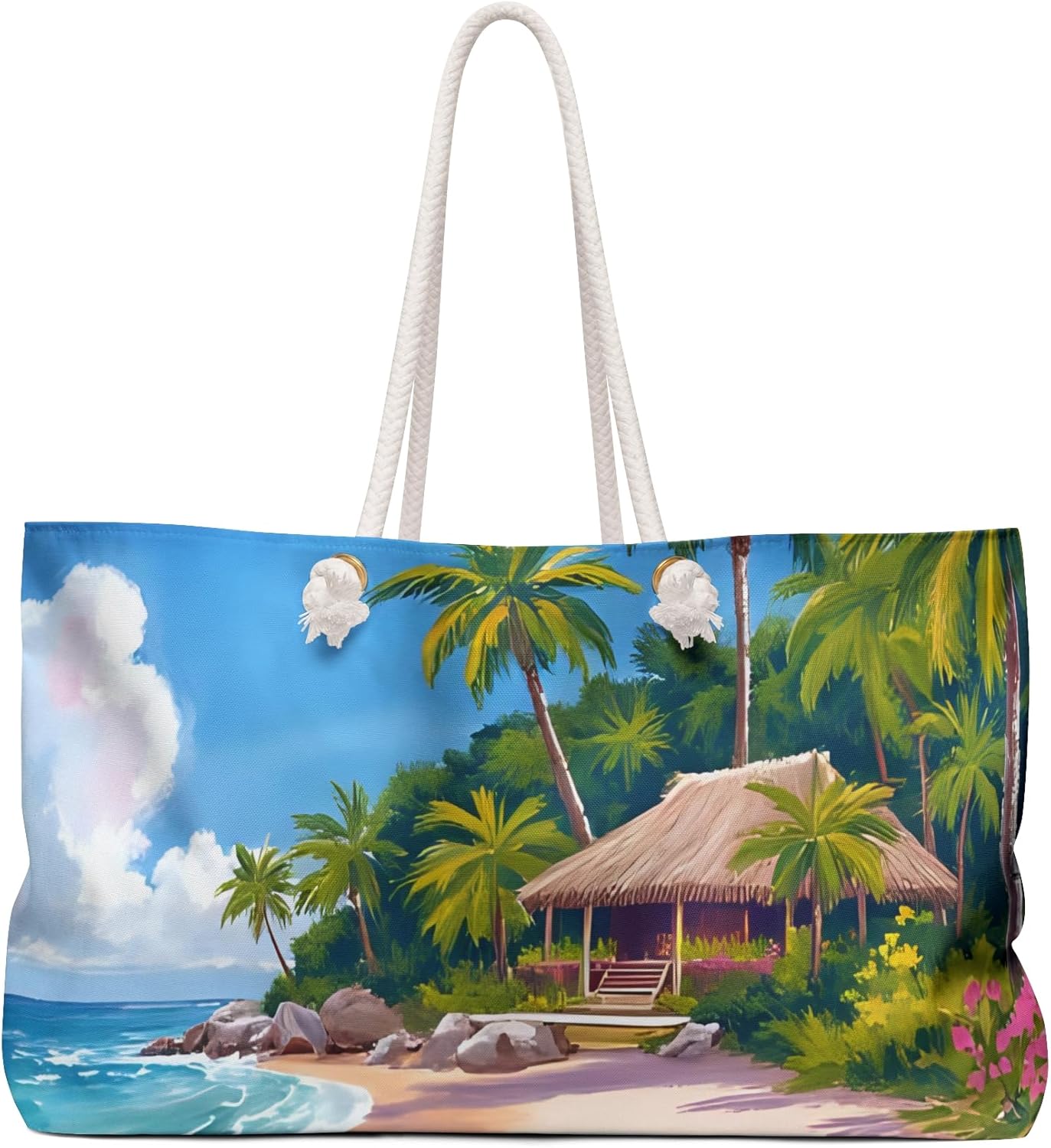 Tropical Bungalow Oil Painting Print Oversized Shopping Bag Summer Beach Bag Vacation Travel Tote Reusable Bag Pool Bag Gift - Image 2