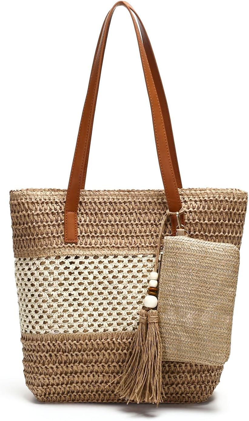 tutuebobe Beach Straw Bags for Women, Summer Travel Bag Woven Straw Purse, Handmade Clutch Beach Tote Bag Shoulder Handbags - Image 8