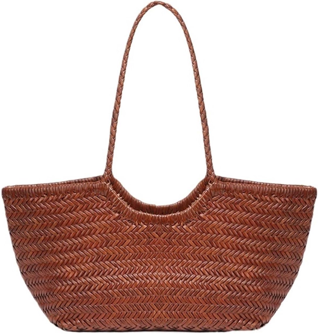 ULTFVPMQR Women's Spring and Summer French Retro Tote Bag Leather Woven Vegetable Basket Ins Irregular Shoulder Bag(Brown)