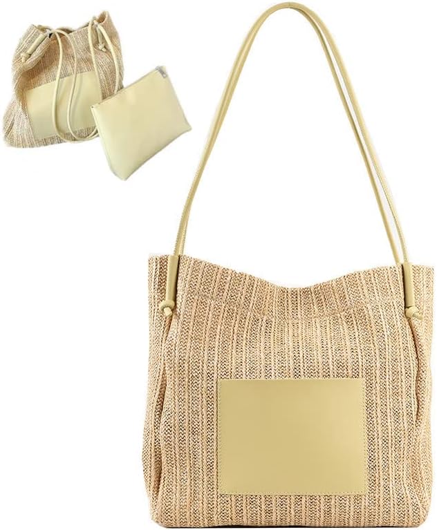Unique Straw Tote Bag with Purse Set for Women Large Loose Beach bag with Long Leather Handle for Summer Vacation Day Trips Shoulder Bag