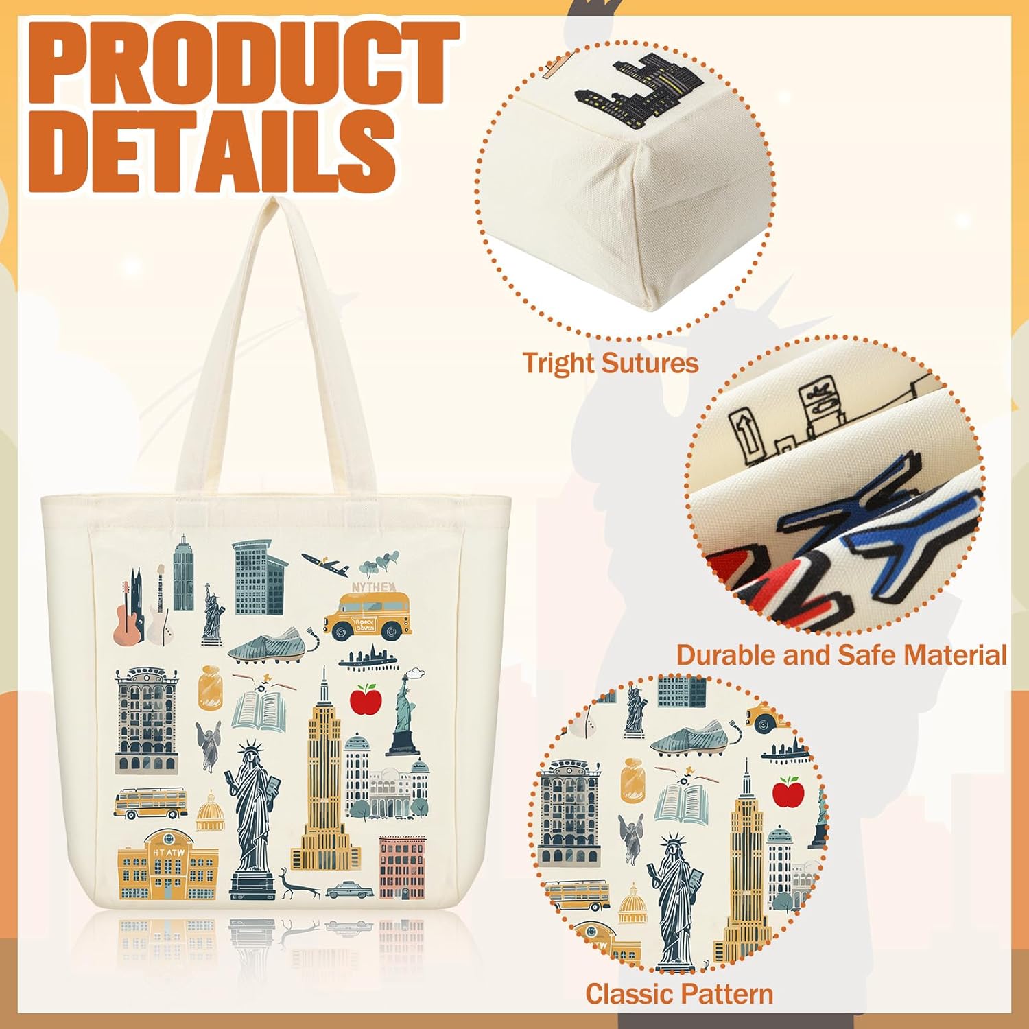 VioraWhite 6 Pcs Large Canvas Tote Bags Decorative Themed City Souvenir Gift Bag with Handle Shopping Basket Reusable - Image 4