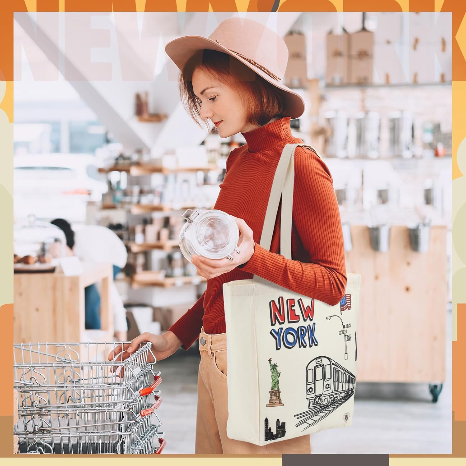 VioraWhite 6 Pcs Large Canvas Tote Bags Decorative Themed City Souvenir Gift Bag with Handle Shopping Basket Reusable - Image 5