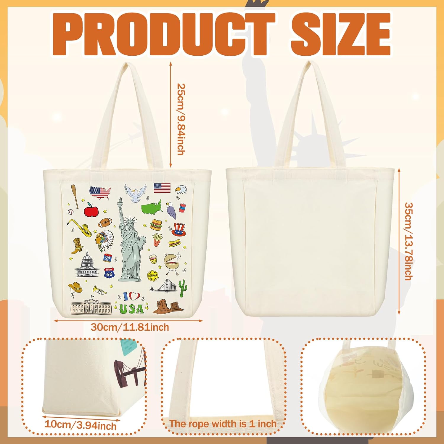 VioraWhite 6 Pcs Large Canvas Tote Bags Decorative Themed City Souvenir Gift Bag with Handle Shopping Basket Reusable - Image 2