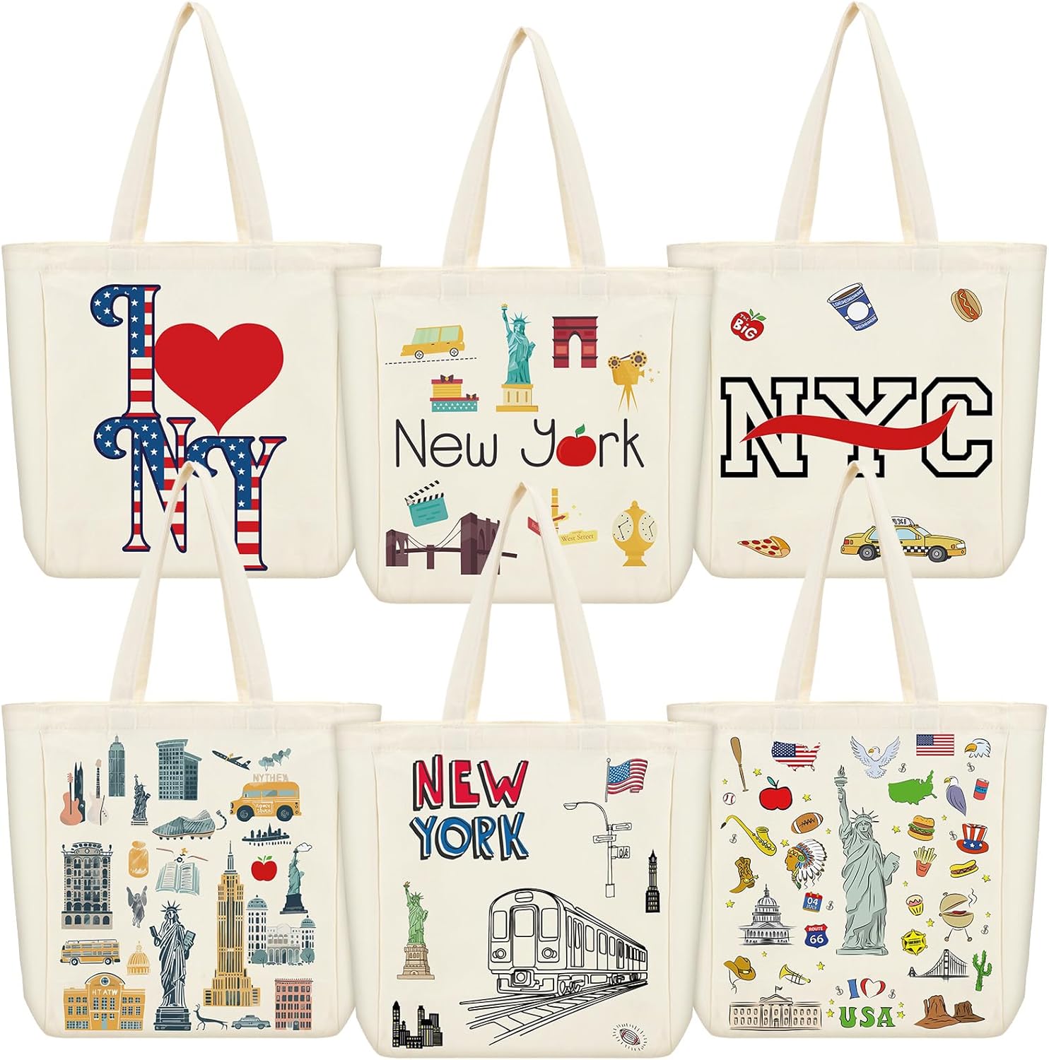 VioraWhite 6 Pcs Large Canvas Tote Bags Decorative Themed City Souvenir Gift Bag with Handle Shopping Basket Reusable